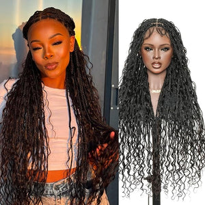 Mila Full Lace Bohemia Braided Wigs - 34 Human Hair Boho Curls and Synthetic Braids Hand-Tied Full Lace Knotless Natural Scalp Pre-Plucked - Black 1B