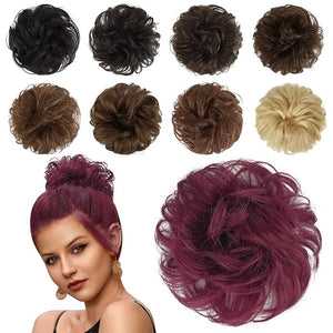 FESHFEN Human Messy Buns - 100% Human Hair Bun Real Scrunchies Hair Pieces Ponytail Extensions Wavy Tousled Updo Chignon Hairpieces for Women Wine Red
