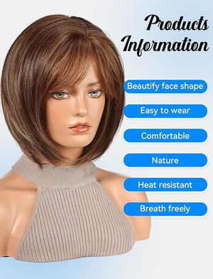 HAIRCUBE Bob Wigs for Women Synthetic Wig with Fringe Brown Color