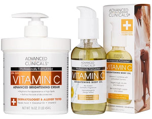 Advanced Clinicals Brightening Vitamin C Cream Moisturizer + Vitamin C Body Oil 2pc Skincare Set | Nourishing Brightening &amp Hydrating Body Oil &amp Body Lotion To Improve Appearance Of Dark Spo