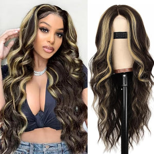 AISI HAIR Long Wavy Dark Brown with Blonde Highlight Lace Hairline Wigs for WomenMiddle Part Synthetic Heat Resistant Wig for Daily Party-26 Inch