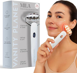 Vanity Planet Mila Contour &amp; Define LED Facial Roller - 3-in-1 Skin Massager with Cooling, Sonic Vibration &amp; Red Light - Ergonomic Anti-Aging Face Tool for Firming &amp; Relaxation