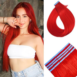 Red Tape in Hair Extensions Human Hair Invisible Long 24 Inch Remy Human Hair Tape in Extensions 20Pcs 50G for Cosplay