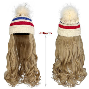 Qlenkay Beanie Hat with Long Wavy Curly Hair Extensions Knit Red Blue Striped Cap Attached 20in Synthetic Wig Detachable Hairpiece Warm Pom for Women Winter Ash Blonde