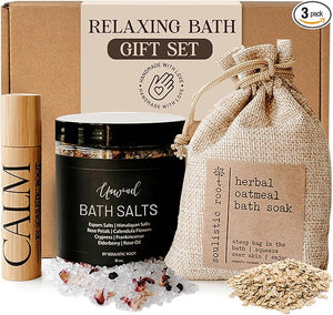 Soulistic Root Revitalizing Bath Set ? Wellness Products with Tranquil Essential Oil Roller Oatmeal Lavender Soak Epsom Salts with Essential Oils Ready-to-Gift Premium Box Ideal Holiday Spa Gift