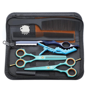 Purple Dragon 5.5 inch Hair Cutting Scissors Set with Razor Leather Scissors Case Barber Hair Cutting Shears Hair Thinning/Texturizing Shears for Professional Hairdresser or Home Use (Blue)
