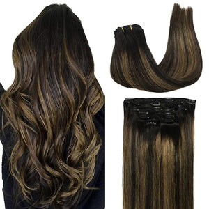 GOO GOO Clip in Hair Extensions Real Human Hair Remy Human Hair Extensions Clip ins for Women Natural Human Hair 22inch 170g 7Pcs #1B/6/1B Balayage Natural Black to Chestnut Brown