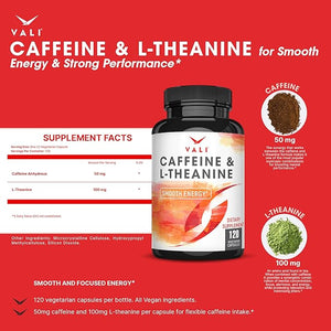 VALI Caffeine 50mg &amp L Theanine 100mg - Caffeine Pills &amp L-Theanine for Smart Smooth Energy &amp Focus Supplement. Nootropic Brain Booster Cognitive Support Stack &amp Focused Clarity. 120 V