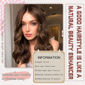 Wig 18 Inch Medium Length Wigs for Women Middle Part Synthetic Hair Wavy Wig with Upgraded StrandsNatural Hair Wigs for Daily Party/Halloween Use 18InchHoney Brown
