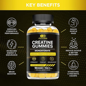 Effective Nutra Creatine Monohydrate Gummies - 1g Creatine per Gummy - Vegan Muscle &amp Strength Supplement for Men &amp Women - Supports Muscle Growth Energy Endurance - Lemon Flavor Made in US