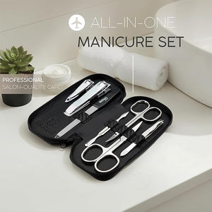 Manicure Set Solingen Made in Germany - 7 Piece Exclusive Finger &amp Toe Nail Clippers Kit for Women and Men in Vegan Leather Case Color Carbon