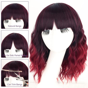 AISI HAIR Synthetic Wavy Curly Bob Wig with Bangs Ombre Dark Red Short Hair Wigs for Women Synthetic Heat Resistant Bob Wigs