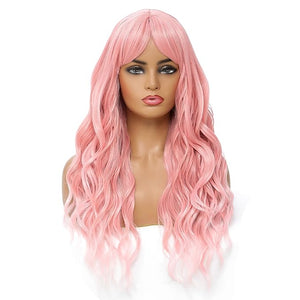 SWACC Long Curly Wavy Wig with Bangs Synthetic Hair Wig for Women with Wig Cap (Pink Ombre)