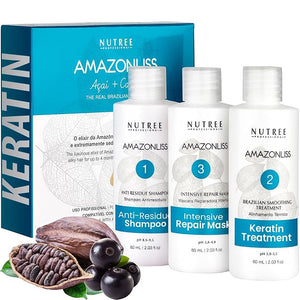 Amazonliss Keratin Hair Smoothing Kit ? 3 Steps, 2.03 fl oz | Formaldehyde-Free At Home Hair Straightening System | Anti-Frizz Repair Mask &amp; Shampoo