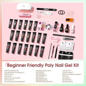 ROSALIND 20PCS White Clear Poly Nails Gel Kit Starter Build er Kit with Slip Solution Pro Nude Pink Nail Extensions Gel Set with Mini UV Lamp Drill Nail Art