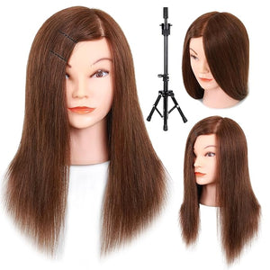 Mannequin Head with Human Hair - 20-22 Cosmetology Mannequin Head with 100% Real Human Hair for Braiding Practice Cutting - Manikin Head with Human Hair for Hairdresser with Tripod Set