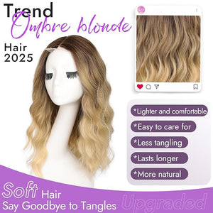 Ombre Blonde Short Wavy Wig for Women Lace Hairline Bob Style Synthetic Heat Resistant - Natural Appearance for Everyday Hairstyle Use 18 Inch