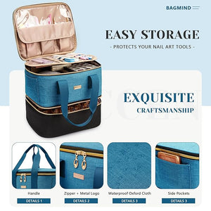 Nail Polish Organizer - Double Layer Storage Box Holds 42 Bottles &amp; Nail Tech Kit Supplies, Large Capacity Case Carrying Bag