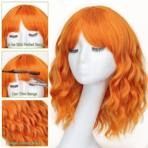 AISI HAIR Orange Synthetic Wavy Curly Bob Wig with Bangs Short Wavy Hair for Women Synthetic Heat Resistant Bob Wigs