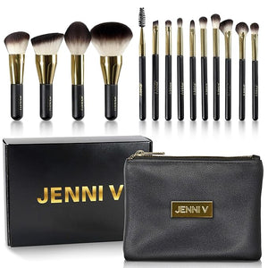 JENNI V Premium Travel Makeup Brushes Set - 14 Pc Mini Makeup Brushes with Handmade Leather Case - Portable Travel Makeup Brush Set with Holder - Travel Size Makeup Products for Blush Foundation