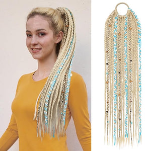 SEIKEA Boho Braided Ponytail Extension with Hair Tie 24 Long Viking Dreadlock Beads Ponytail Hand-braided Braids Hair Extensions Lightweight Natural Synthetic Hairpiece for Festival Cosplay Blonde