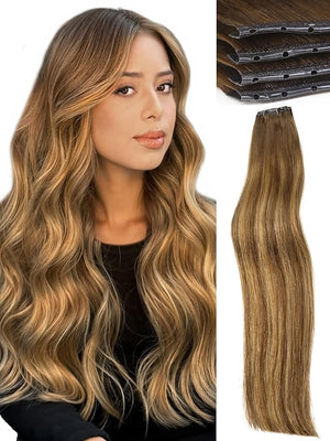 WIGNEE 20 Inch Double Invisible PU OVO Human Hair Extensions 100% Remy Human Hair Weft Highlight Honey Blonde Hair Extensions Human Hair 2PCS Glueless Wefts Micro Beads Hair Extension (T4/27)