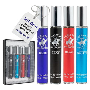 Beverly Hills Polo Club EDT Pen Spray Collection - Set of 4 Men's Fragrance Gift Set - Active, Sexy, Blaze and Blue Scent - Long-Lasting, Travel-Friendly Cologne for Men (10ml Each)