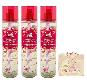 Bath &amp; Body Works Raspberry Holiday Pie Bar 3 Pack Fragrance Mist Bundle with a Himalayan Salts Springs Bar Soap