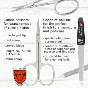3 Swords Germany - Brand Quality 6 Piece Manicure Pedicure Grooming kit Set - Scissors Metal and Glass Nail File Clipper Tweezers with Synthetic Leather case - Black