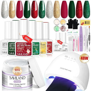 SAVILAND Christmas Gel Nail Polish Kit - 6 Colors Gel Nail Polish Kit with U V light Christmas Limited Series 2.12oz. Clear Builder Nail Gels UPF 200+ U V Protection Gloves Nail Tech Gifts
