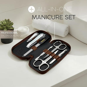 Manicure Set Solingen Made in Germany - 7 Piece Exclusive Finger &amp Toe Nail Clippers Kit for Women and Men in Real Leather Case Color Brown
