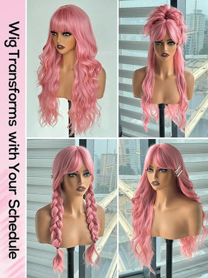 topshe Pink Wavy Wig with Bangs Heat Resistant Synthetic Hair for Women Pre Styled Butterfly Layers &amp Curls for Daily Parties Long Curly Wig 28 Inch (Cotton Candy Pink)