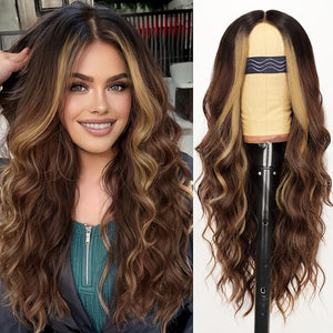 AISI HAIR Brown Highlight Wig for Women Long Wavy Lace Hairline Middle Part Synthetic Heat Resistant Wig for Daily Party-26 Inch