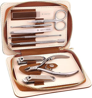 9 in 1 Professional Manicure Pedicure Set - Stainless Steel Nail Clippers Nano File Cuticle Nipper Scissors Tweezers Travel PU Leather Case for Men &amp Women - Gift Ready (Brown)