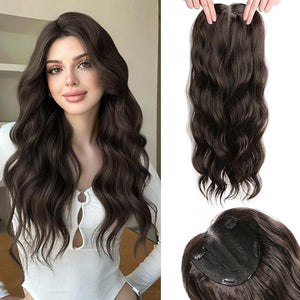 Hair Topper 24 Inch Long Wavy Toppers Hair Pieces for Women Thinning Hairs Lace Hand-Tied Hairline Synthetic Heat Resistant Clip in Hairpieces 6"x6"Large Base for Daily Use Dark Brown