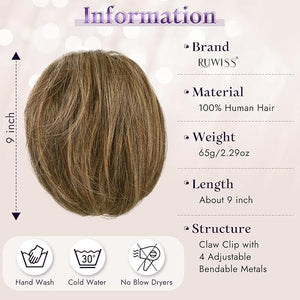 RUWISS Claw Clip Short Human Hair Ponytail Extension with Bendable Metals for DIY Styles Straight Messy Bun Hair Piece for Women Hairpieces for Daily Wear9 Inch Chocolate Brown Highlighted Dark Brown
