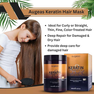 Augeas Keratin Hair Mask: Deep Repair for Damaged &amp Dry Hair with Argan Oil Ginger Milk and Protein Hair Mask 1000ml - Ideal for Curly or Straight Thin Fine Color-Treated Hair