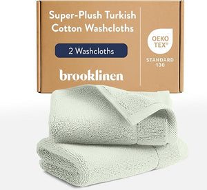 Brooklinen Super-Plush Turkish Cotton Washcloths - Set of 2 - Cotton, 820 GSM, Highly Absorbent, Machine Washable, Perfect for Home &amp; Bathroom (13" x 13", Aloe Green)