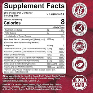 Beet Root Gummies &amp; L-Arginine, Nitric Oxide Supplements for Men &amp; Women w/Organic Beets, B1, B2, B3, B5, B6, Folate, B12 for Energy Boost &amp; Circulation Support, Sugar Free, 120 Cts