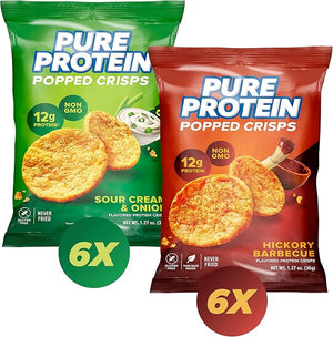 Pure Protein Popped Crisps Variety Pack, Hickory Barbecue and Sour Cream &amp; Onion, High Protein Snack, 12G Protein, 1.27oz., 12 Count