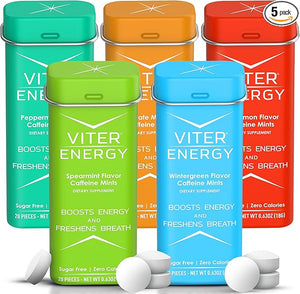 Viter Energy 40mg Caffeine Mints - Sugar Free B Vitamins Vegan Boosts Fast Energized Alert Focus Caffeinated Nootropic Supplement Pills (Variety Flavors 20pcs 5 Pack 100pcs Total)