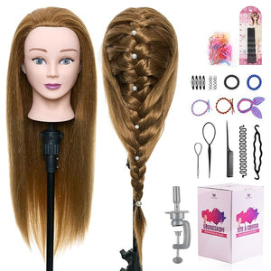 Mannequin Head with 80% Real Human Hair - 26 Inch Cosmetology Mannequin Doll Head for Hair Styling, Training Practice Braiding Manikin Head with Table Clamp Suitable for Hair Extensions