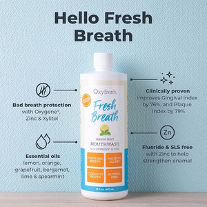 Oxyfresh Lemon Mint Fresh Breath Mouthwash ? Bad Breath Treatment ? SLS &amp Fluoride Free ? Alcohol Free Gentle Nonburning with Xylitol &amp Essential Oils ? 16 Fl Oz (Pack of 3)