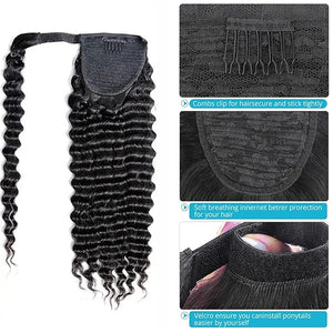Hair Accessories Deep Wavy Ponytail Wig Bun 8-24 Inch Wrap Around Ponytail Extensions Black Brazilian Real Hair for Black Women Hair Pieces For Women(24inch(150g))