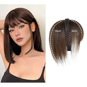 viviaBella Women 10 Twist Braid Headband Straight Hairpieces Human Hair Clip In Topper Hair Extension With Bangs Invisible Natural (Medium Brown)
