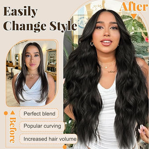 ALXNAN Clip in Long Wavy Synthetic Hair Extension 24 Inch Black Brown 4PCS Thick Hairpieces Fiber Double Weft Hair for Women