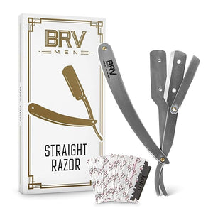 BRV MEN Professional Straight Edge Barber Razor w/ 100 Single Edge Razor Blades | Straight Razors for Men | Barbershop Accessories | Mens Shaving Knife &amp Shavette - Silver