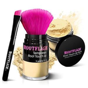 Rootflage Root Touch Up Hair Powder - Temporary Hair Color Root Concealer Thinning Hair Powder with Kabuki Applicator 31 oz + Rootflage Refill 31 oz + Small Detail Brush (WARM BLONDE)