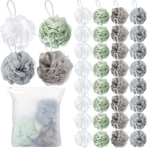 Shellwei 32 Pcs Bath Sponge Shower Loofahs Bulk 60 g Charcoal Large Mesh Puff Soft Scrubber for Men and Women Exfoliating Shower Pouf Balls with Bathing Accessories