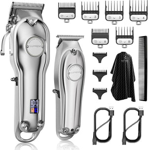 SUPRENT¢ç PRO Professional Hair Clippers for Men- Hair Cutting Kit &amp Zero Gap T-Blade Trimmer Combo- Cordless Barber Clipper Set with LED Display for Mens Gifts (Silver)